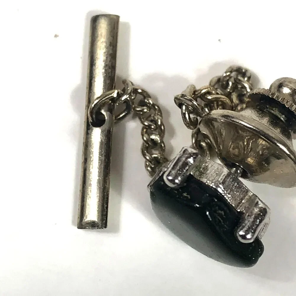 Vintage Polished Green Jadeite or Serpentine Stone Tie Tack w/ Chain Bar